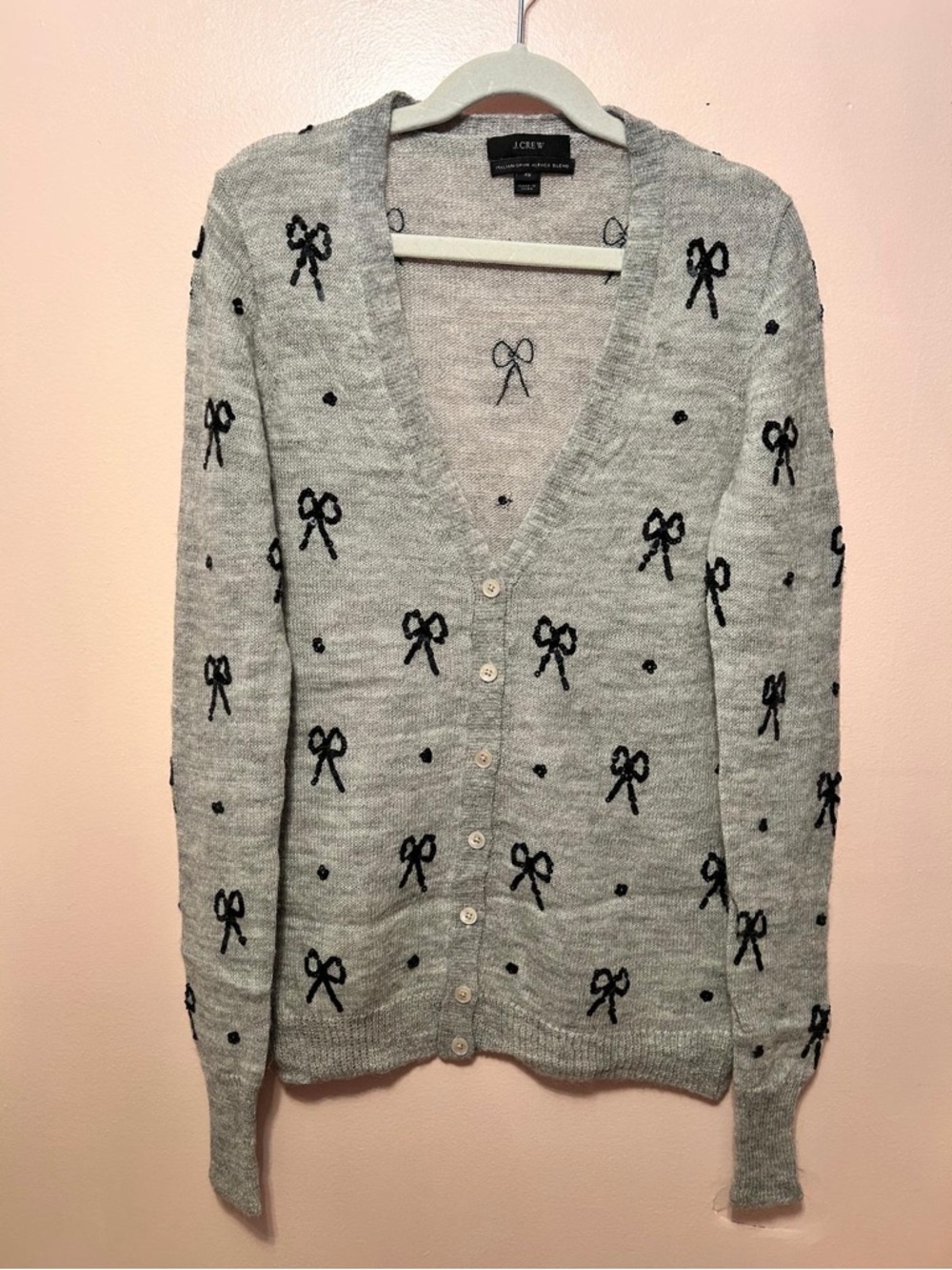 J. Crew Light Gray Cardigan with Black Bow Motif